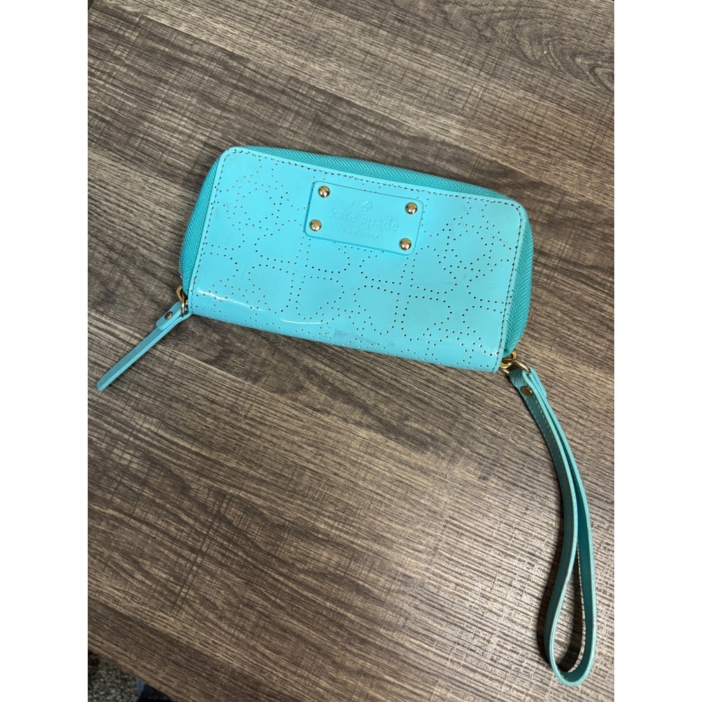Kate Spade New York Turquoise Blue Perforated Patent Leather Wristlet Wallet